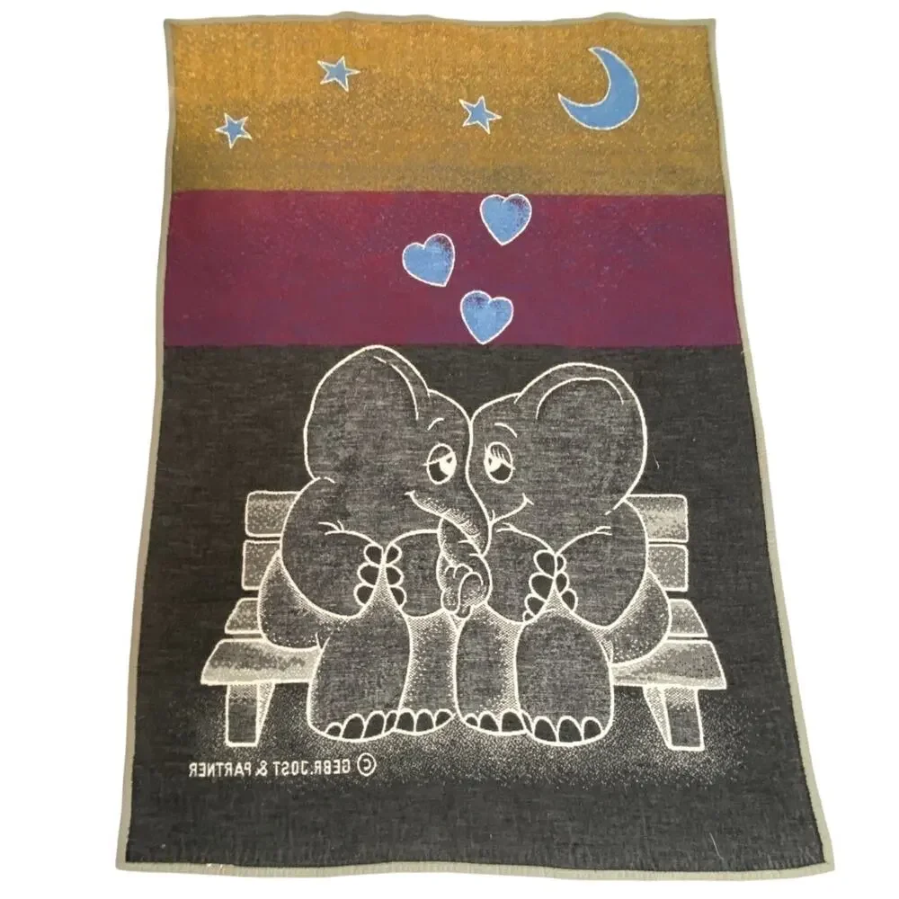 Vintage Elephant Blanket 50 x 70 Love Star Moon Hearts 1980s Biederlack Retro